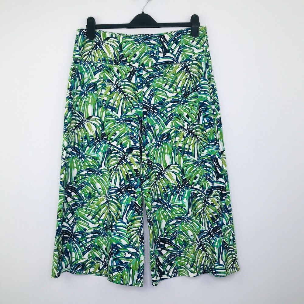 J Jill Women M Gaucho Pants Green White Monstera Smooth-Fit Wide Leg Cropped BQ9